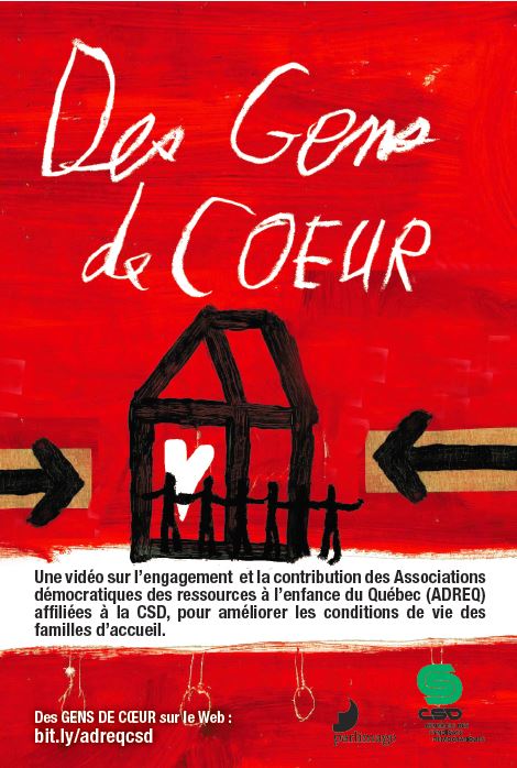 Visuel rouge sur lequel on voit une maison dessinée en noir avec des bonhommes et le texte Des gens de coeur est écrit en blanc à la main.