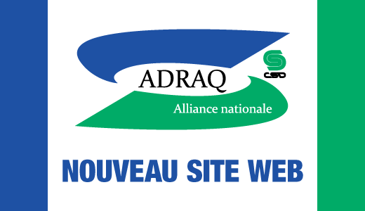 Logo de les ADRAQ avec la mention Nouveau site web inscrite en bleu.