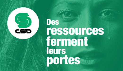 Visuel d'une femme qui verse une larme avec un filtre vert sur lequel on peut lire Des ressources ferment leurs portes.