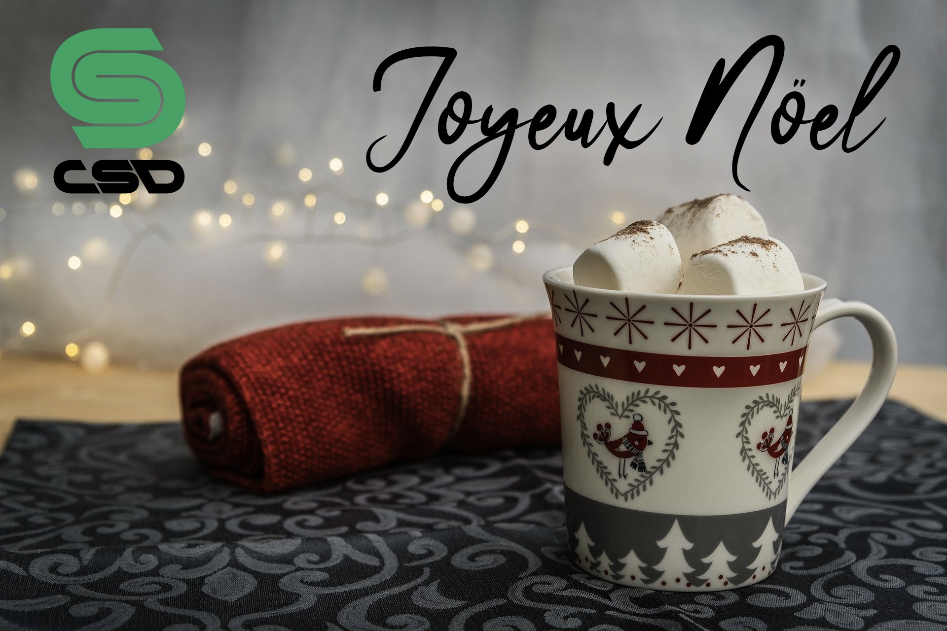 Tasse de lait au chocolat avec décorations de Noël et logo CSD.